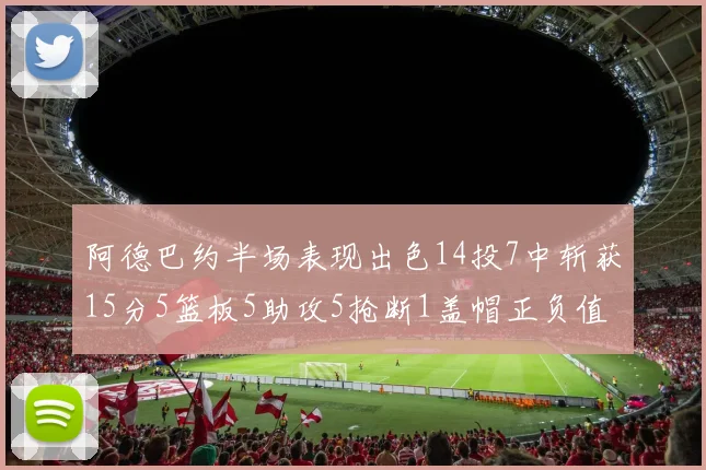 阿德巴约半场表现出色14投7中斩获15分5篮板5助攻5抢断1盖帽正负值高达16